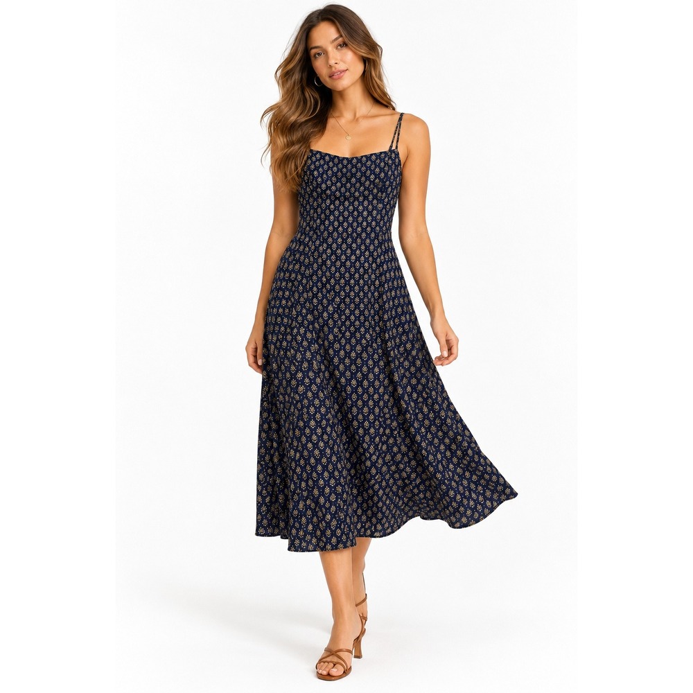 Few Moda Maren Dress Navy Floral Medallion Smocked Midi Size 12 NEW